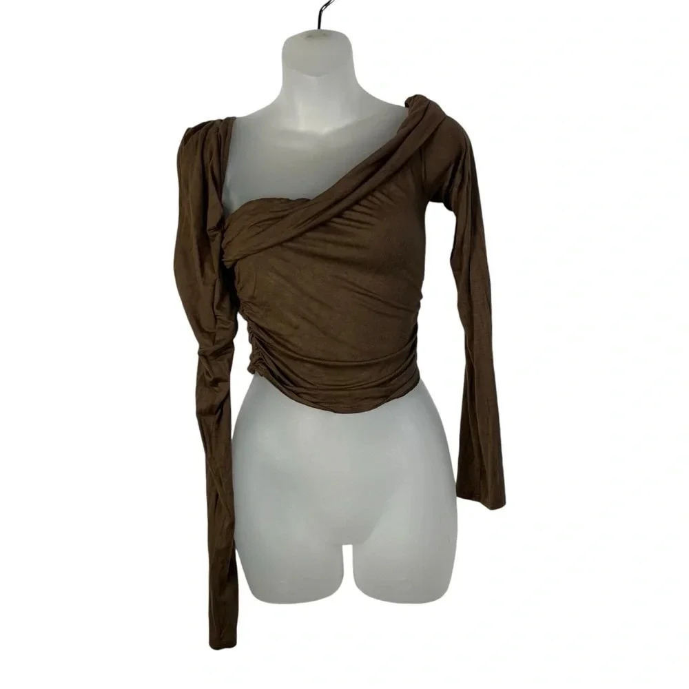 Fashion Nova Dark Brown One Shoulder Fitted Long Sleeve Top S - Picture 1 of 3